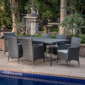 Makenna Grey 7-Piece Faux Rattan Outdoor Dining Set with Silver Cushion