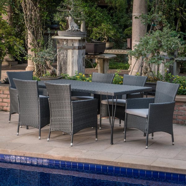 Noble House Makenna Grey 7-Piece Faux Rattan Outdoor Dining Set with Silver Cushion