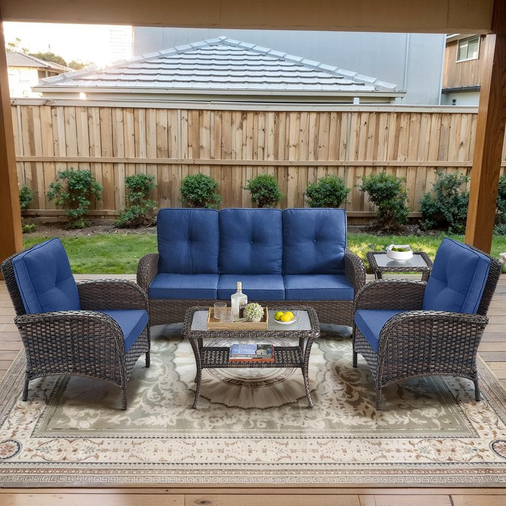 Brown 5-Piece Wicker Patio Conversation Set with Armchairs, Outdoor Sofa Seating Set with Olefin Navy Blue Cushions price history on PriceWatchPro