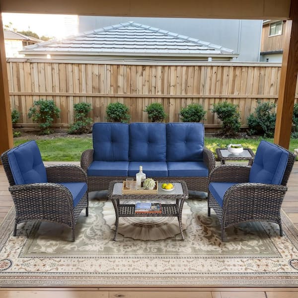 Opohoro Brown 5-Piece Wicker Patio Conversation Set with Armchairs, Outdoor Sofa Seating Set with Olefin Navy Blue Cushions