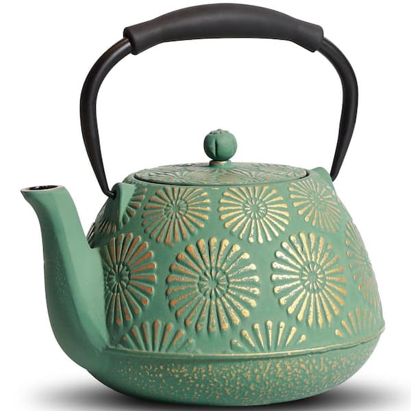 4-Cup Green Cast Iron Tea Pot with Enameled Interior, 40 oz. Tea Kettle with Infuser for Stove Top