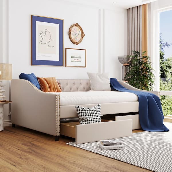 Harper & Bright Designs Button-Tufted Beige Wood Full Size Linen Upholstered Daybed with 2-Drawer and Nail head Trim