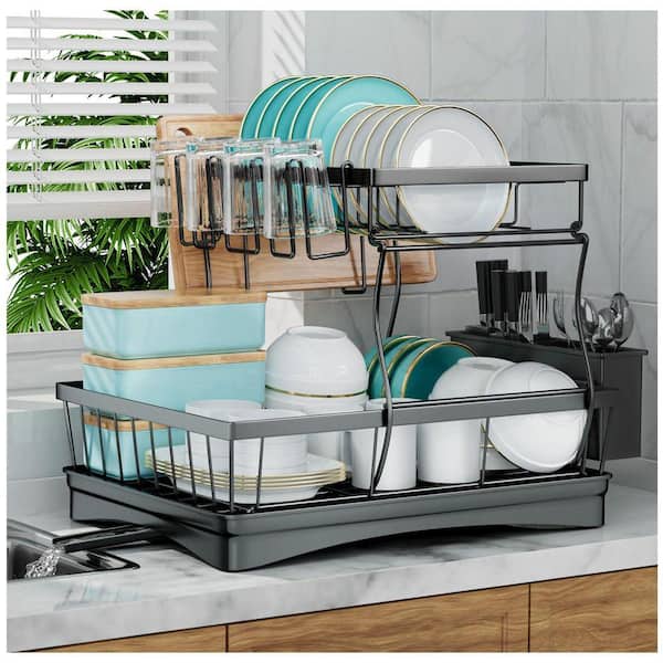 Black Large Dish Drying Rack for Kitchen Counter, Detachable 2-Tier Dish Rack with Utensil Holder and Cup Rack