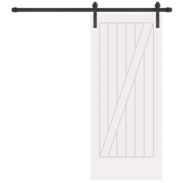 Pacific Entries 42 in. x 84 in. Cottage One Panel Z-Plank Unf Prime Solid Pine Wood Interior Sliding Barn Door with Bronze Hardware
