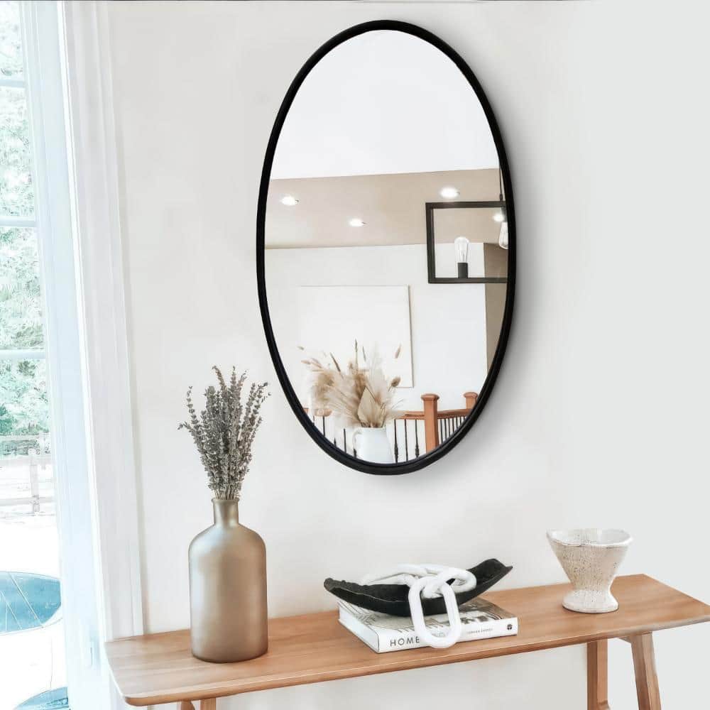Elegant Oval Black Iron and Wood Wall Mirror