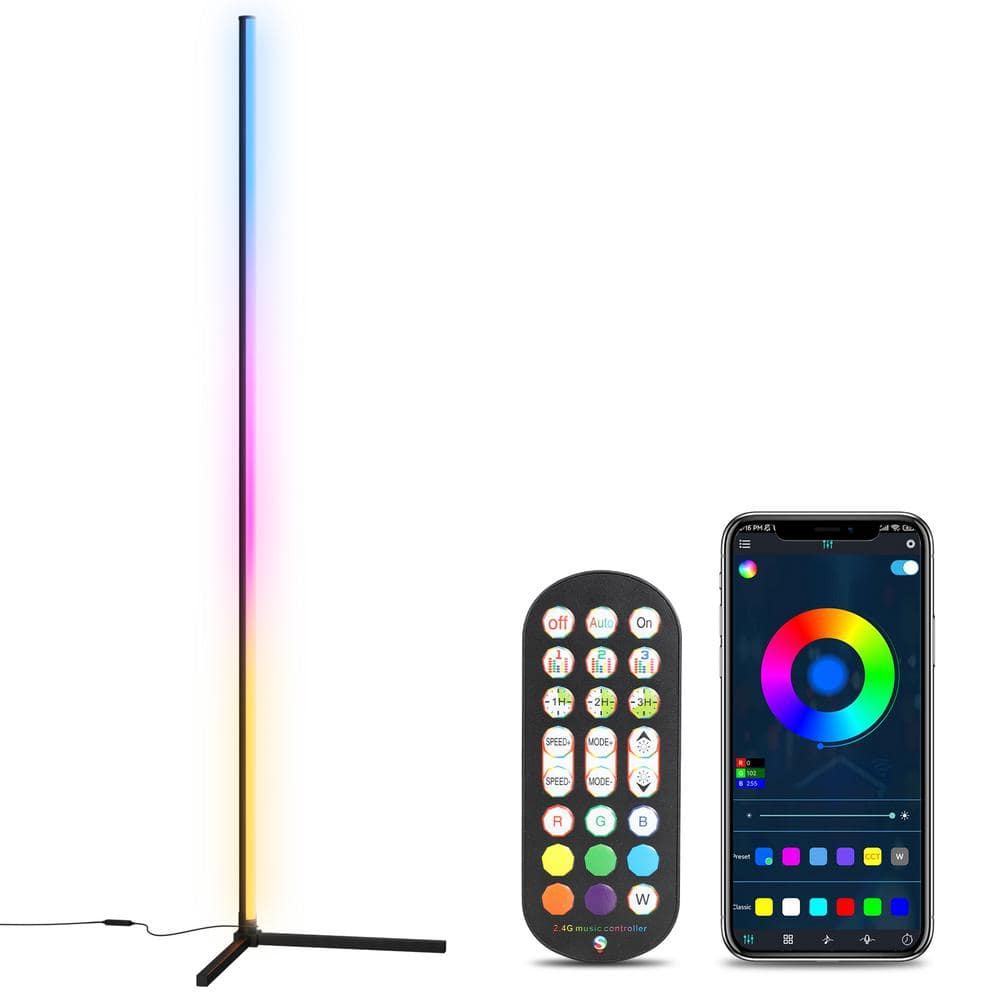 BICIK 65 in. Black Standard RGB Corner Floor Lamp with Bluetooth App ...