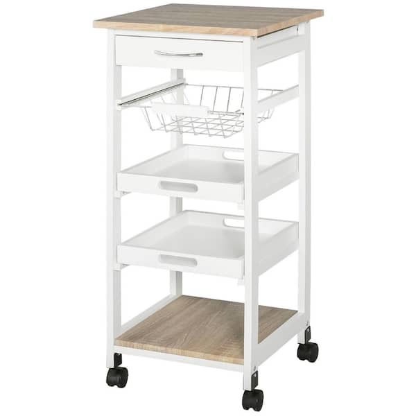 Mobile Kitchen Cart, Rolling Kitchen Island with Storage, Wire Fruit Baskets, Trays and Drawer in White