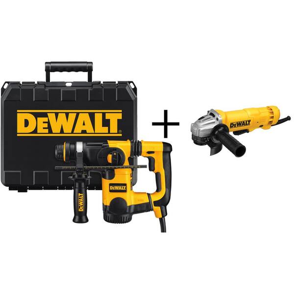DEWALT - 8 Amp 1 in. Corded SDS-plus L-Shape Concrete/Masonry Rotary Hammer with SHOCKS, Case and Bonus 4-1/2 in. Angle Grinder
