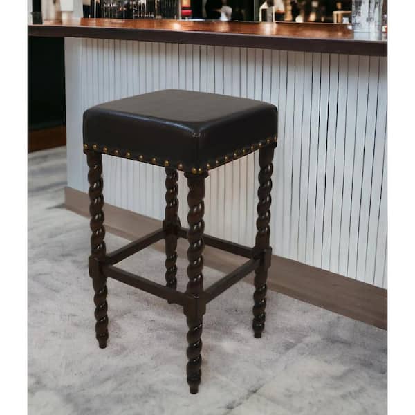 HomeRoots 30 in. Espresso Backless Wood Adjustable Height Bar Chair with Faux Leather Seat