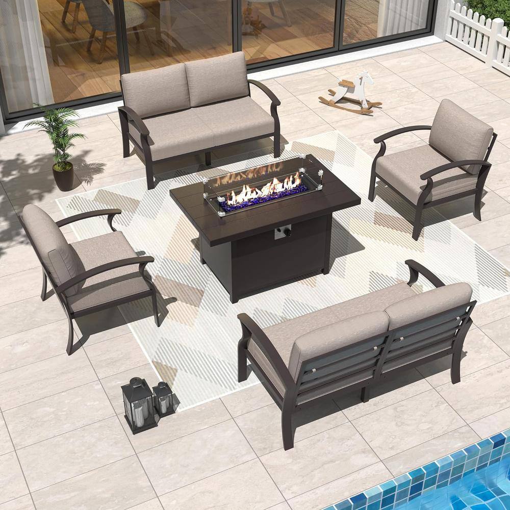 6-Piece Sand Aluminum Patio Set with Fire Pit Table