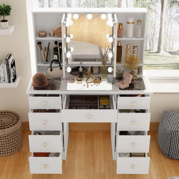 FUFU&GAGA White Modern Makeup Vanity Desk 9 Drawers Wood Dressing Table  With 3 Mirrors, Hidden Storage Shelves, LED Lighted KF210213-01 - The Home  Depot