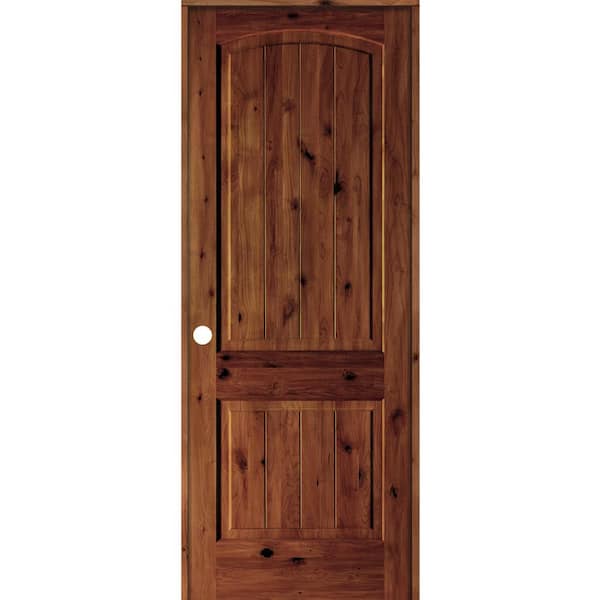 null 24 in. x 96 in. Knotty Alder 2 Panel Right-Hand Arch V-Groove Red Chestnut Stain Wood Single Prehung Interior Door