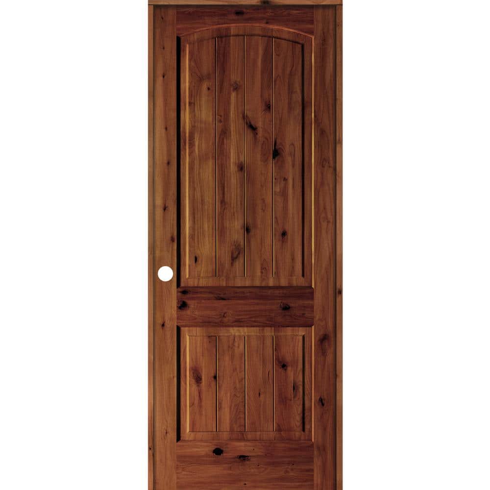 28 in. x 96 in. Knotty Alder 2-Panel Right-Hand Arch V-Groove Red Chestnut 