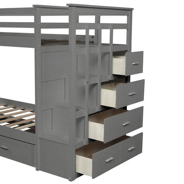 Gray Twin Over Wood Bunk Bed, Wooden Bunk Beds With Steps