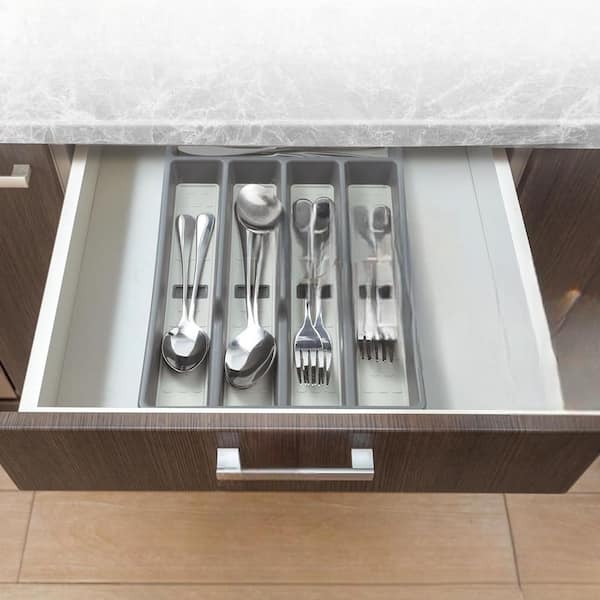 Adrinfly Cutlery Organizer with Icons 5-Compartment Silverware Tray for Kitchen Drawer Non-Slip TPR Linings Durable Plastic Gray