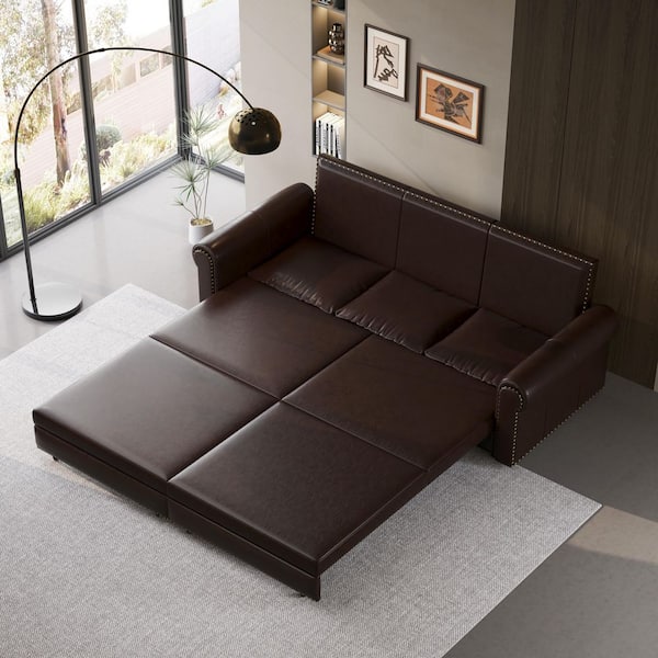 3-in-1 Convertible 94 in. W Dark Brown Faux Leather King Size Sleeper Sofa Bed with 3-Pillows for Living Room