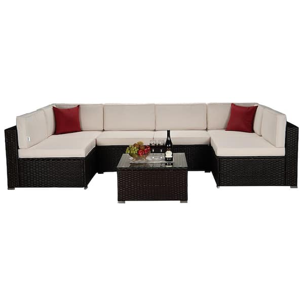 Tunearary Brown Rattan 7- Piece Wicker Outdoor Sectional Sofa Sets with Beige Cushions, 2 Red Pillows, Coffee Table