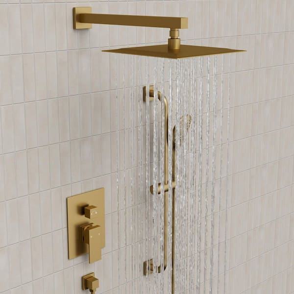 2-Spray Wall-Mounted Rain Shower System with 10 in. Shower Head, Handheld Shower, Valve in Brushed Gold