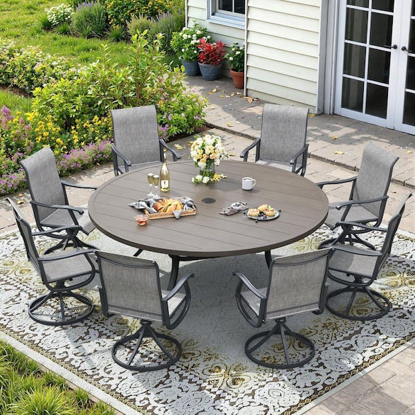 9 Pieces Metal Outdoor Patio Dining Set with 60 in. Grey Wood-Like Round Dining Table and 8 Grey Swivel Dining Chairs