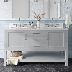 Bayhill 61 in. W x 22 in. D x 35.25 in. H Double Freestanding Bath Vanity in Grey with Carrara White Marble Top