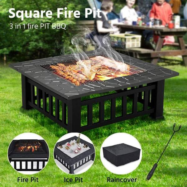Cisvio Outdoor Fire Pit 32in Wood Burning Steel Grill Firepit with Spark Screen Cover,Poker,Grill and Waterproof Cover for Patio Bonfire Backyard,Black 