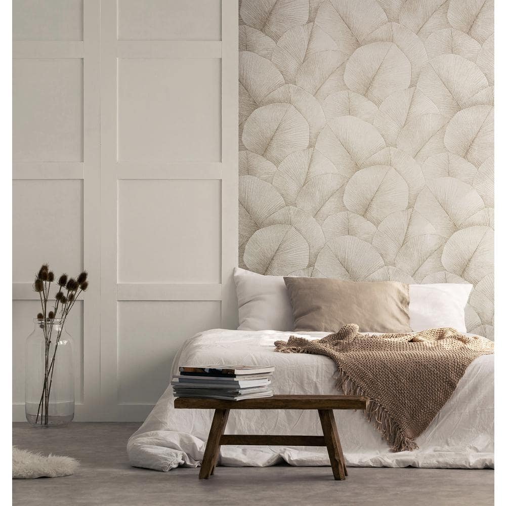 Ivory Embossed 3D Palm Leaf Non-Pasted Vinyl Wallpaper Roll