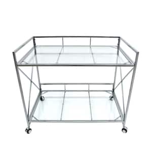 Ignatius Industrial Modern Silver Iron 2-Tier Bar Cart with Glass Shelves