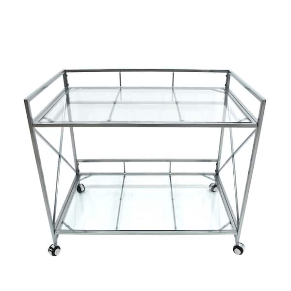 Noble House Ignatius Industrial Modern Silver Iron 2-Tier Bar Cart with Glass Shelves