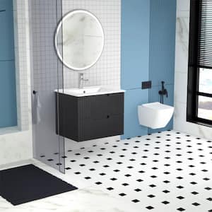 24 in. Floating Bath Vanity Cabinet in Black with White Ceramic Sink Top Combo Set & 2 Large Drawers