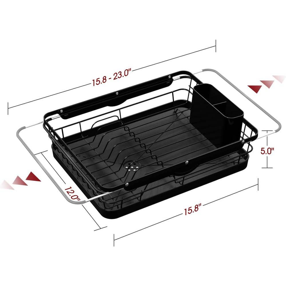 Black Stainless Steel Expandable Dish Drying Rack with Utensil Cup