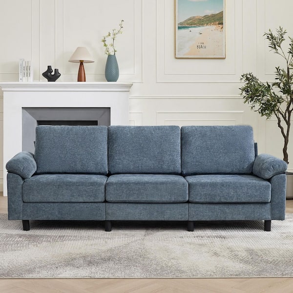90 in. Pillow Top Arm Chenille Upholstered Rectangle 3-Seater Sofa in Blue