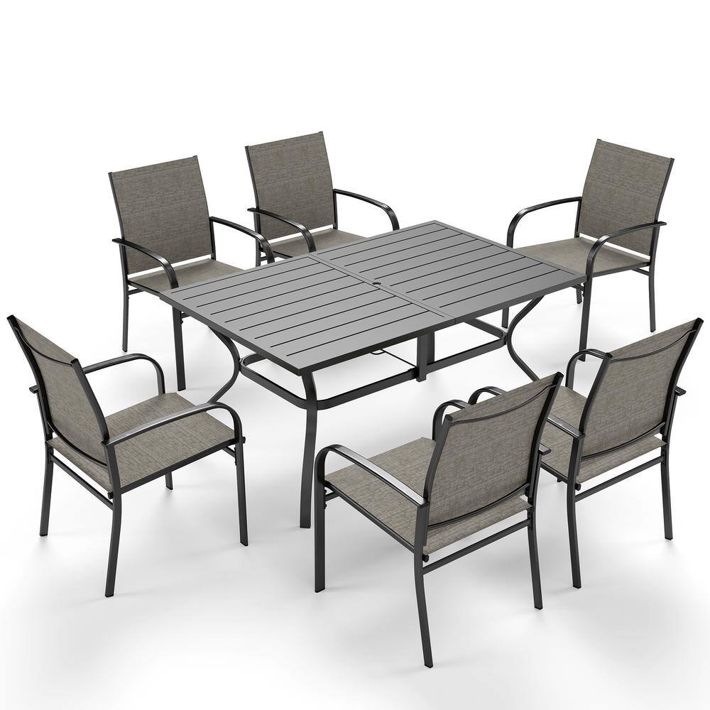 Black 7-Piece Metal Slat Rectangle Table Outdoor Patio Dining Set with Brown Textilene Chairs price history on PriceWatchPro