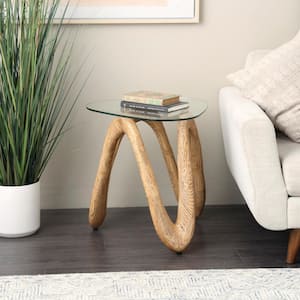 22 in. x 22 in. Light Brown Wood and Stone Inspired Wavy Abstract Round Glass Coffee Table with Glass Tabletop