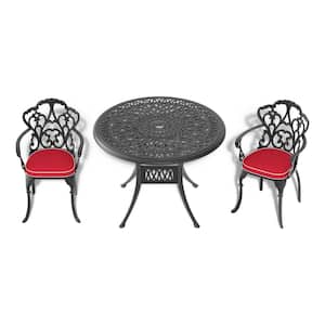 Lily Black 3-Piece Cast Aluminum Outdoor Dining Set with Round Table and Dining Chairs with Random Color Cushion