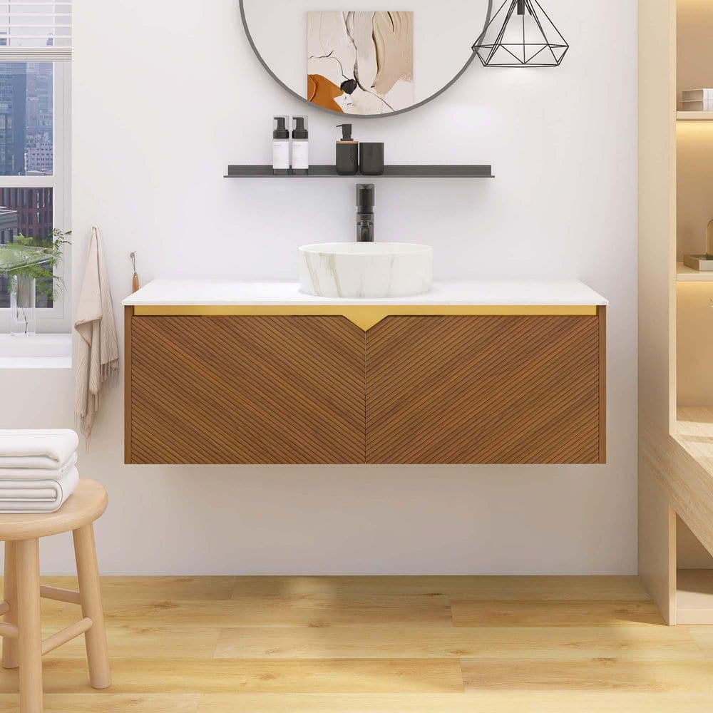 Yingze 48 in. Wall Mounted Single Sink Brown Oak Bath Vanity with White ...