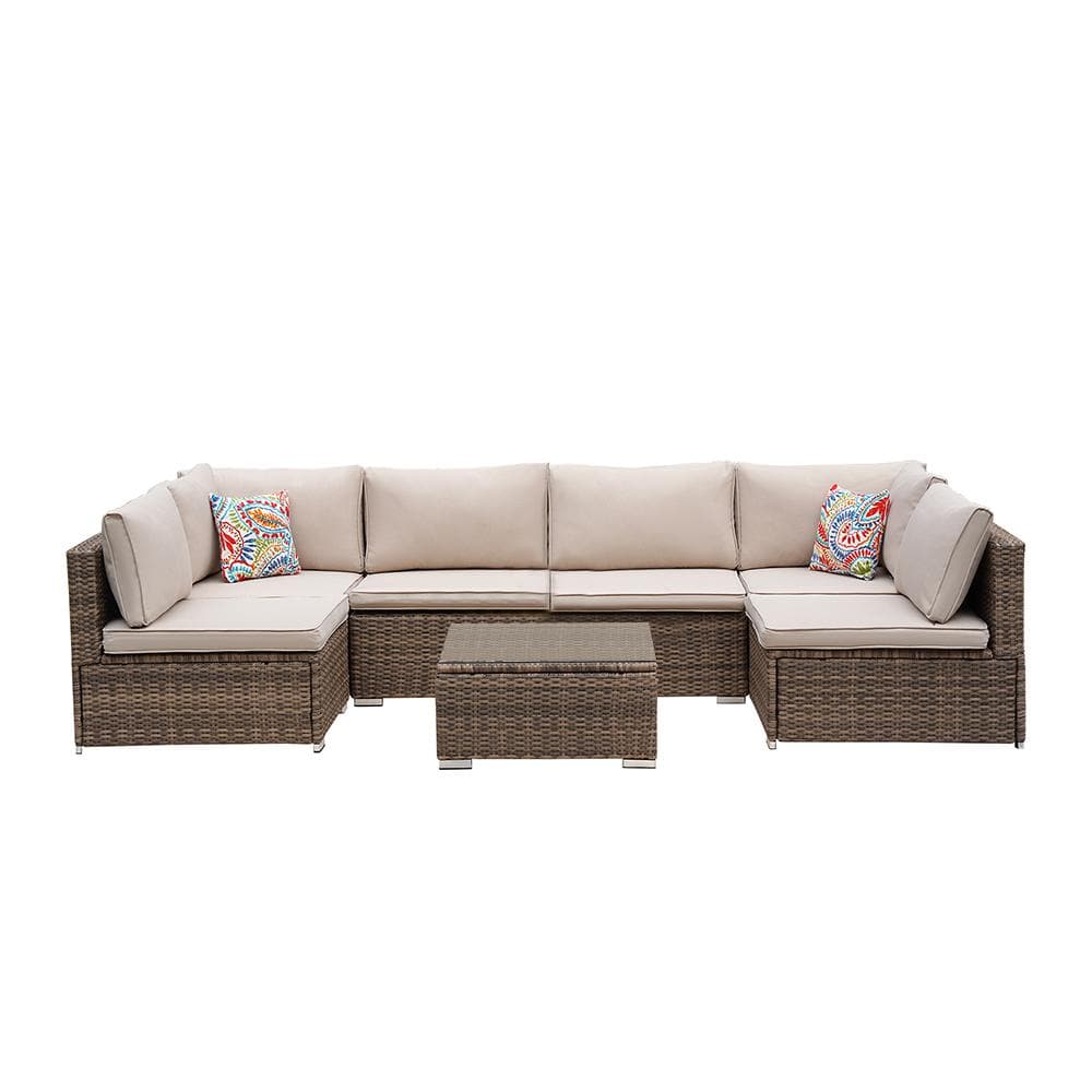 7-Pieces Light Brown Wicker Outdoor Sofa Sectional Set with Beige Cushions