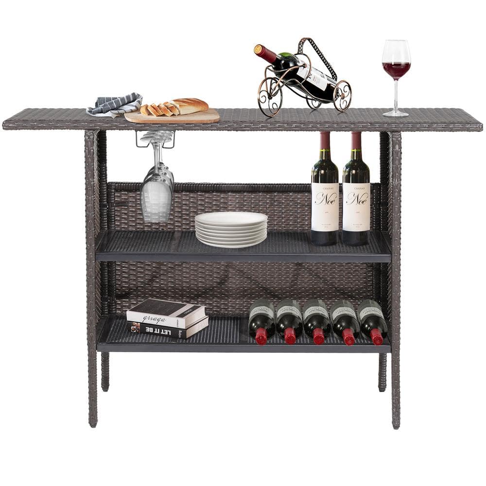 Rectangular Wicker 36 in. Outdoor Bar Table with 2 Metal Mesh Shelves and 2