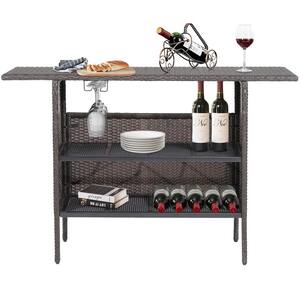 Rectangular Wicker 36 in. Outdoor Bar Table with 2 Metal Mesh Shelves and 2-Rail Stemware Rack