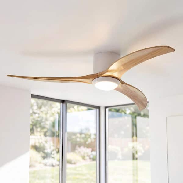 52 in. Integrated LED Indoor Flush Mount White/Oak Standard Ceiling Fan with Light and Remote DC Motor