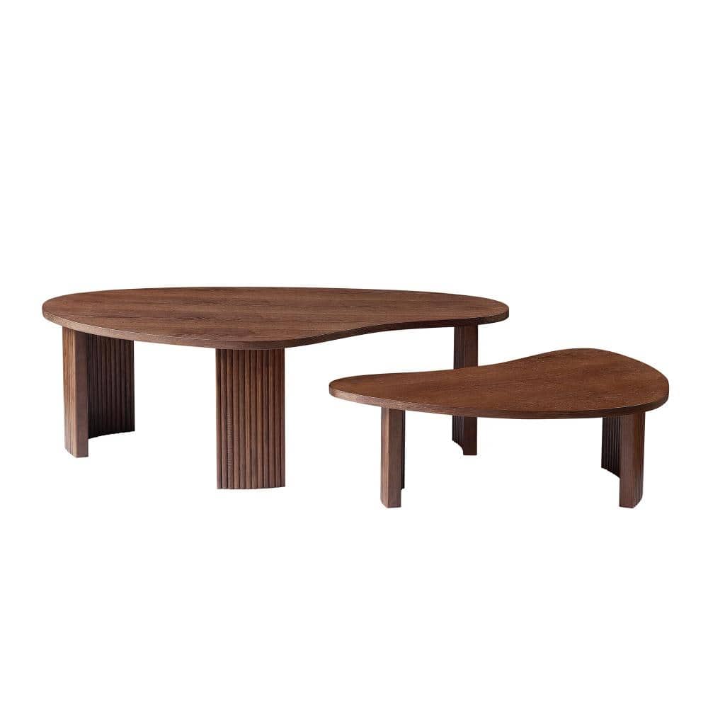 49.61 in. Walnut Irregular Shape MDF Coffee Table with 2-Piece Nesting Set for Living Room