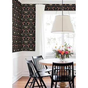 Penny Lane: Forest Cottage Bee and Butterfly Black Vinyl Peel and Stick Matte Wallpaper 30.75 sq. ft.