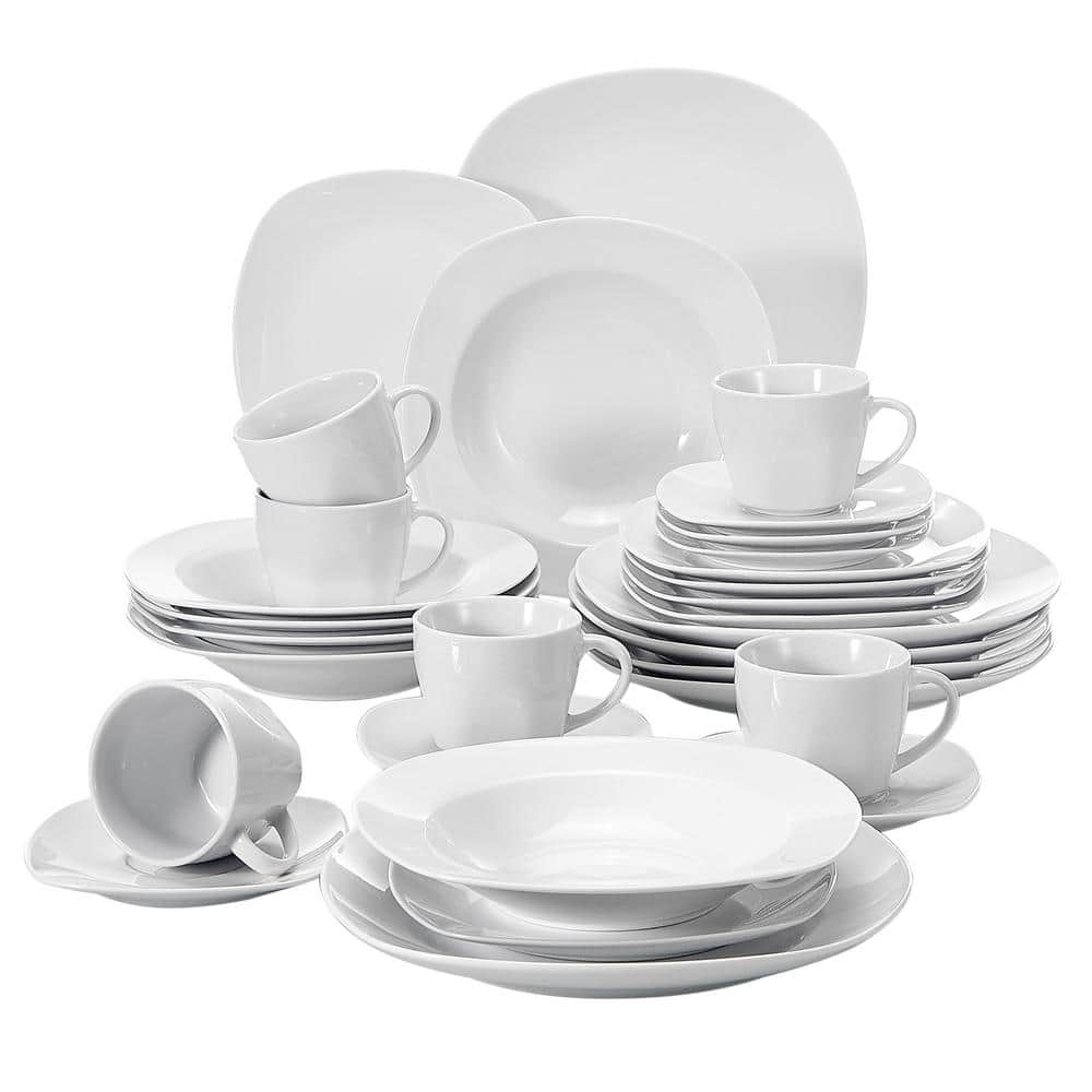 MALACASA Plates and Bowls Sets 30 Piece, Porcelain Dinnerware  Sets for 6, Ivory White Square Dinnerware Set with Dinner Plate, Dessert  Plate, Soup Plate, Cup & Saucer, Kitchen Dish Set