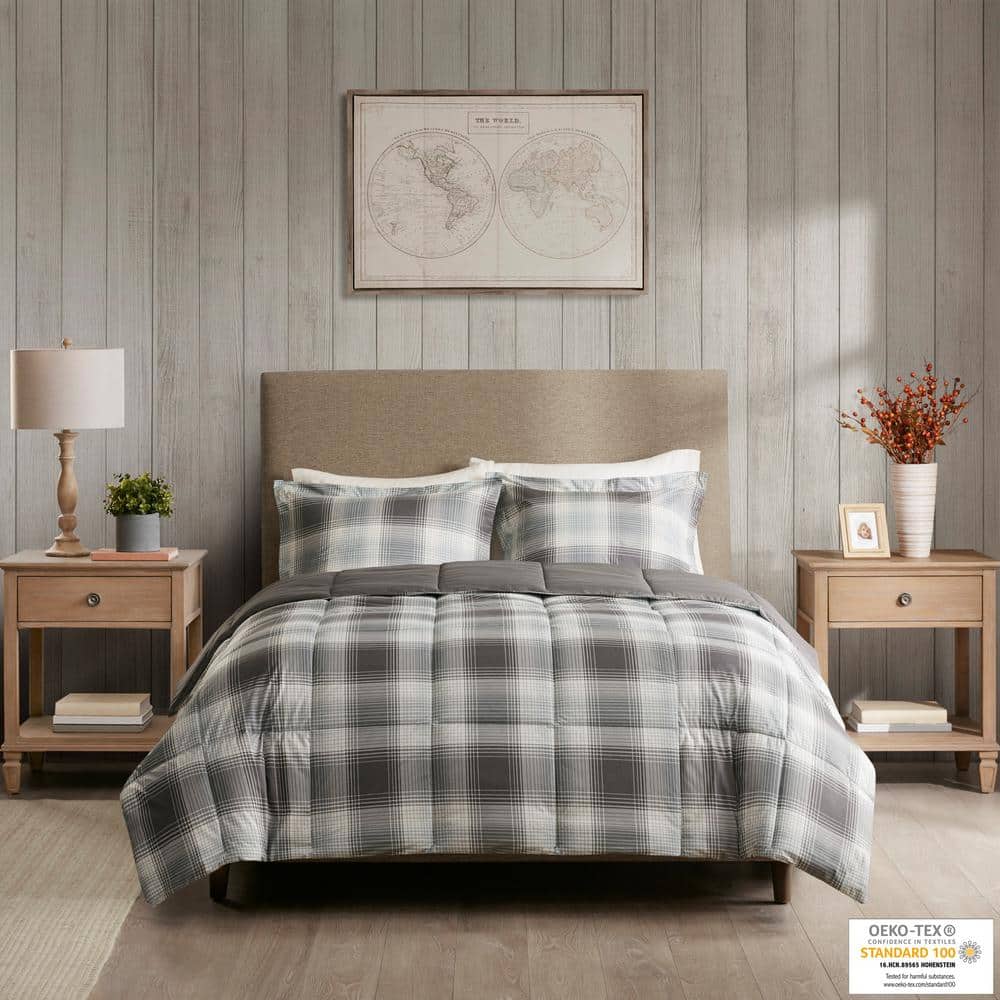 Twin Gray Plaid Down Alternative Microfiber Comforter Set