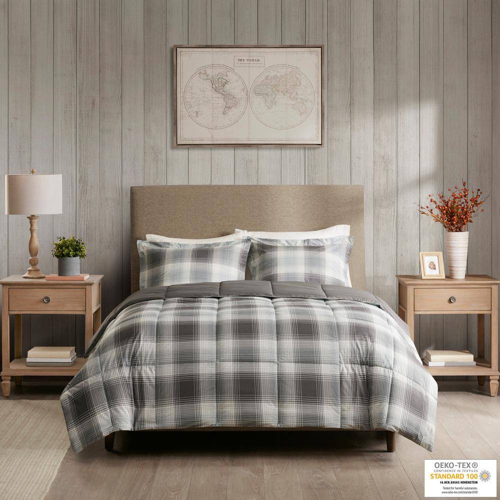 Gray Full/Queen Down Alternative Comforter Set with Plaid Pattern