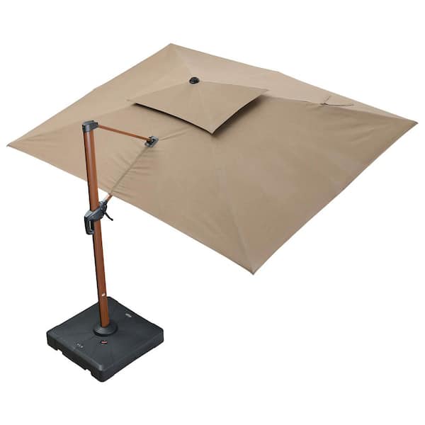 10 ft. x 13 ft. Sunbrella Aluminum 360° Rotation Wood Pattern Cantilever Outdoor Patio Umbrella with Base in Deep Beige