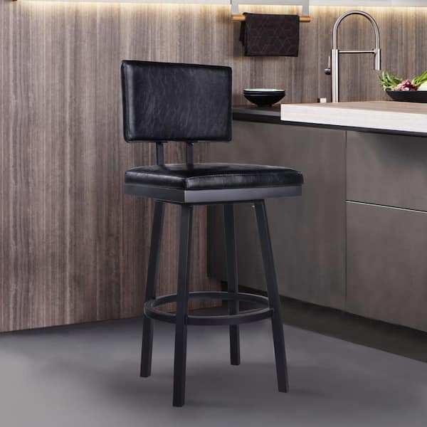 26 in. Vintage Black on Black Faux Leather Rectangular Swivel Armless Bar Stool