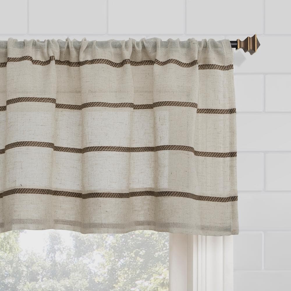 Mocha Linen Striped Sheer Cafe Kitchen Curtains, 52" x 36"