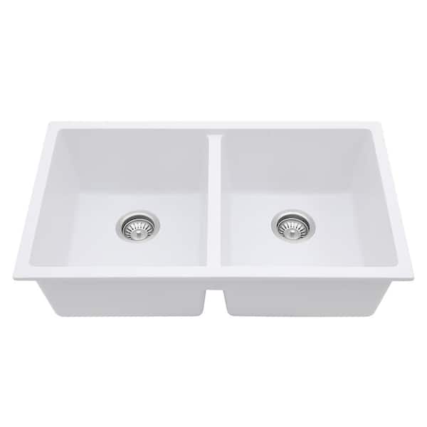 Loile 33 in. L Undermount Double Bowl White Granite Composite Kitchen Sink with Grid, Strainer and Rack