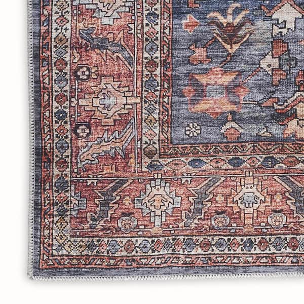 2 ft. x 4 ft. Blue and Red Oriental Power Loom Distressed Washable Non Skid Area Rug