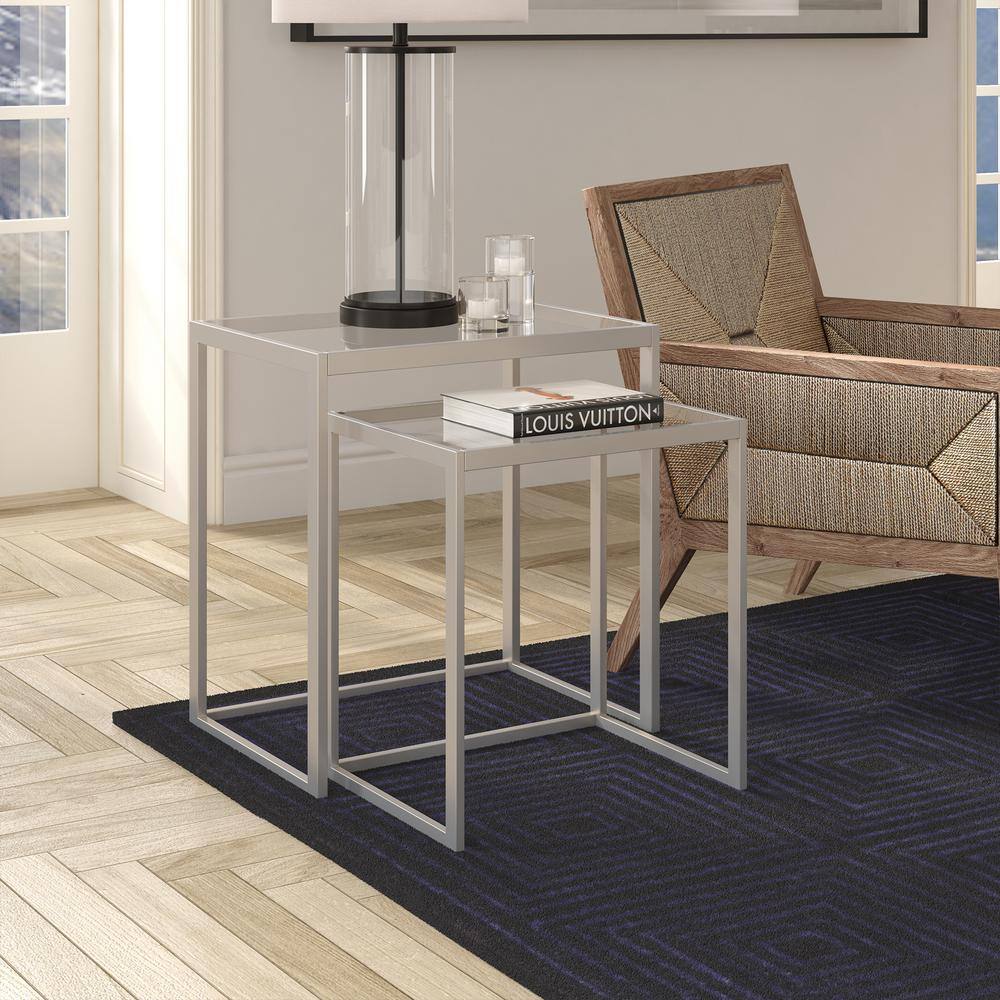 Meyer Cross Rocco 22 in. Satin Nickel Rectangular Glass Top End Table with 2 Nested Tables ST1094 The Home Depot
